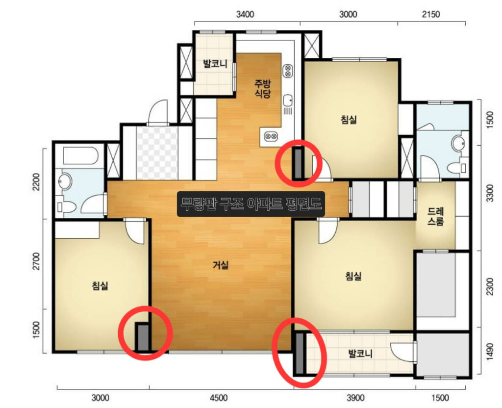 아파트 평면도를 통해 무량판 구조인지 구별하는 방법을 나타낸 사진