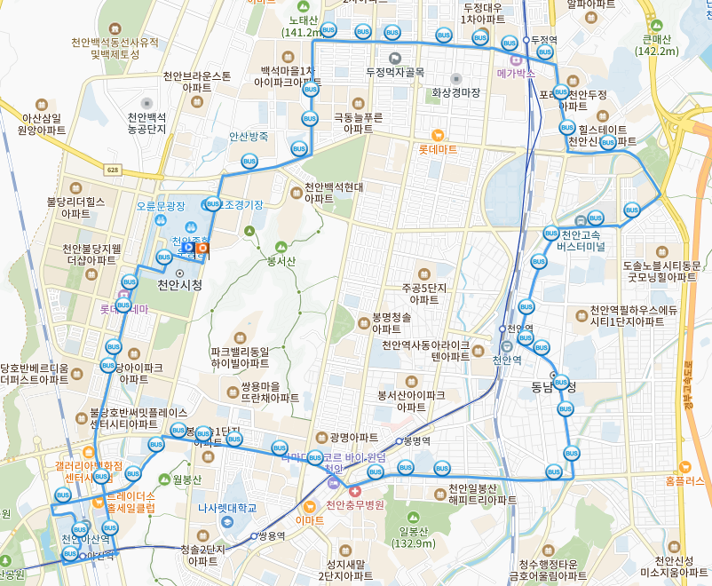 천안시 시내버스 10번의 노선도를 나타낸 지도