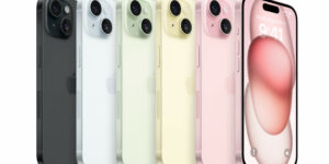 아이폰 15 모델의 컬러별 사진. 왼쪽부터 블랙, 블루, 그린, 옐로우, 핑크 색상