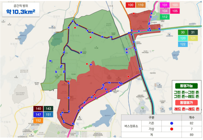 천안 콜 버스 운행 지역을 나타낸 지도 (직산읍 일대)