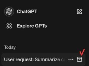 ChatGPT에서 채팅 목록에 커서를 가져다대면 표시되는 아카이브 아이콘을 캡처한 사진